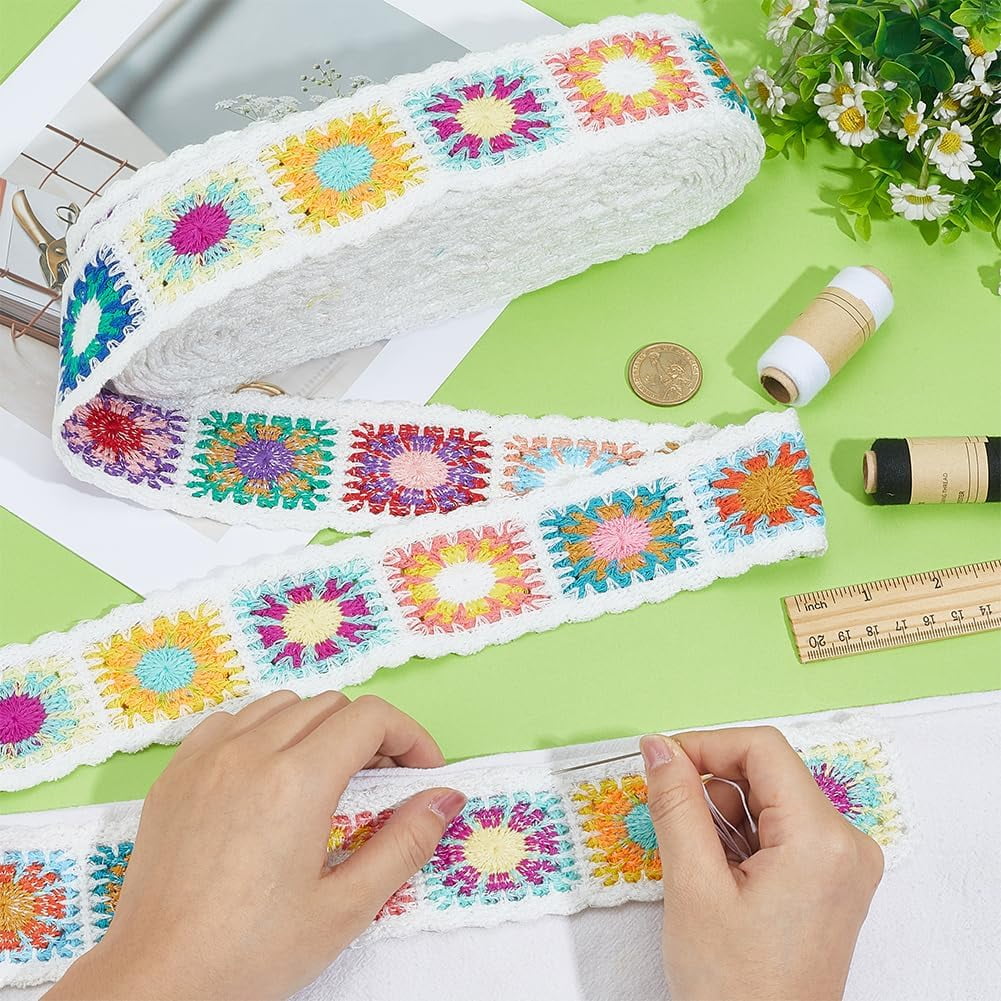 10 Yards Crochet Flower Webbing Strap 2 Inch Black Ethnic Style Webbing Ribbon Polyester Flower Pattern Woven Trim Jacquard Embroidery Webb Straps