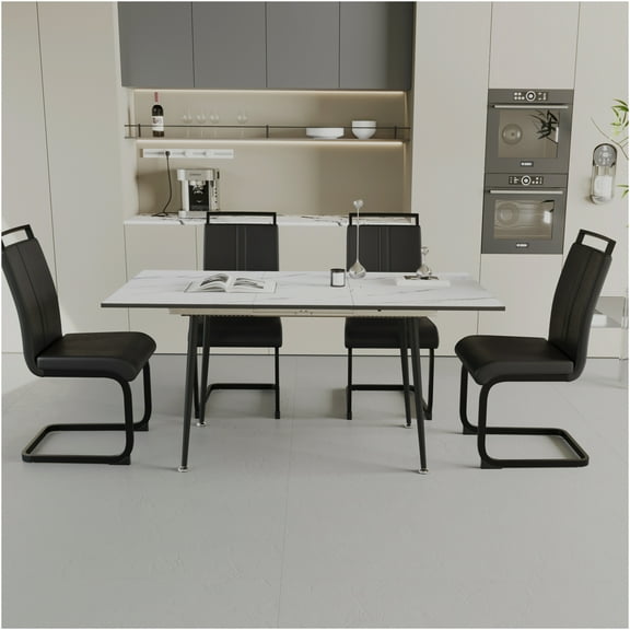 JERFIT Expandable Dining Table Set for 6 with Chairs, Modern Kitchen Table Set with C-Shaped Chairs, Space-Saving Convertible Table for Small Dining Room, Black & White