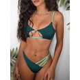thumbnail image 1 of ZAFUL Women Swimsuit Contrast Strap Ribbed Cut Out Thong Bikini Swimwear Deep Green L, 1 of 4