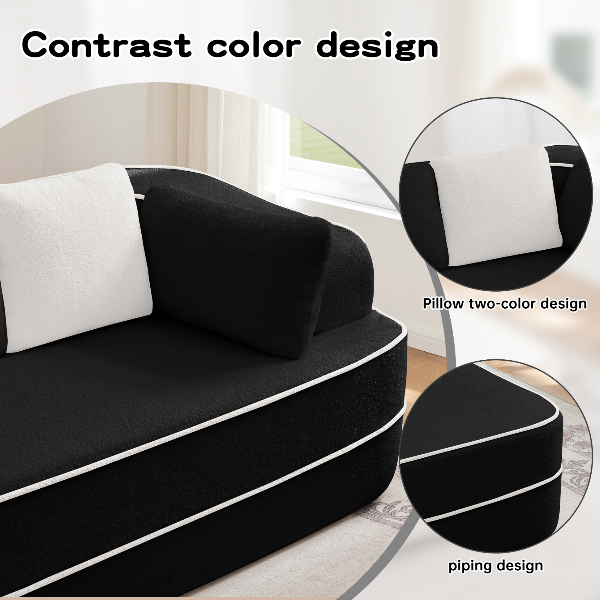 77.2" Teddy Fabric 32D Boneless Sofa,Modular Sectional Sofa with Curved Armrest,Contrast Color Design with Pillow,Fluffy Comfy Couch with L Shaped Chaise,for Living Room,No Assembly Required,Black
