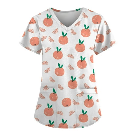 

XHJUN Pattern Scrub Tops for Women Short Sleeve V-Neck Working Uniform Nurse Shirts Blouse with Two Pockets White XXXXXL