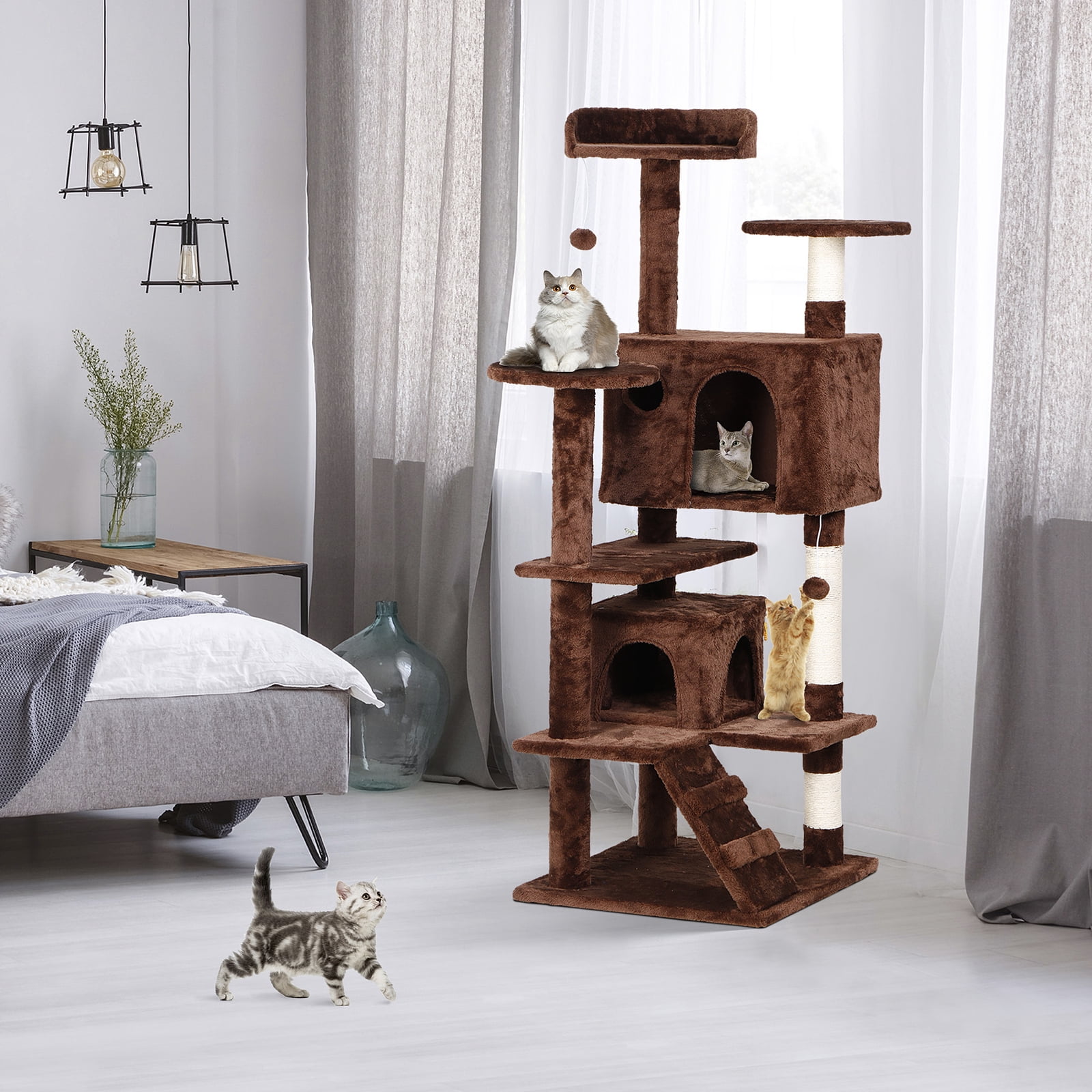 Favory Cat Tower Multi-Level Durable Cat Scratching Post & Cozy Fun Cat Jumping Platform Space Saving Cat Condo Pet Play House for Indoor Cats,55",Brown