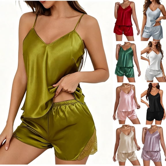 Erwazi Womens Pajama Sets 2 Piece Stain Summer Solid V Neck Backless Camisole Side Lace Mini Shorts Casual Loungewear Sets