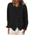 thumbnail image 3 of Fall Saving! HVOBTTY Women's Long Sleeved Pullover T Shirts, Fall Tops for Women, Women's Casual Solid Color Crew Neck Linen Button Down Tees Shirts Black, XL, 3 of 5