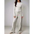 thumbnail image 5 of Women's Striped Button Front Long Sleeve Wide Leg Pants Two Piece Set Light Gray XL, 5 of 9