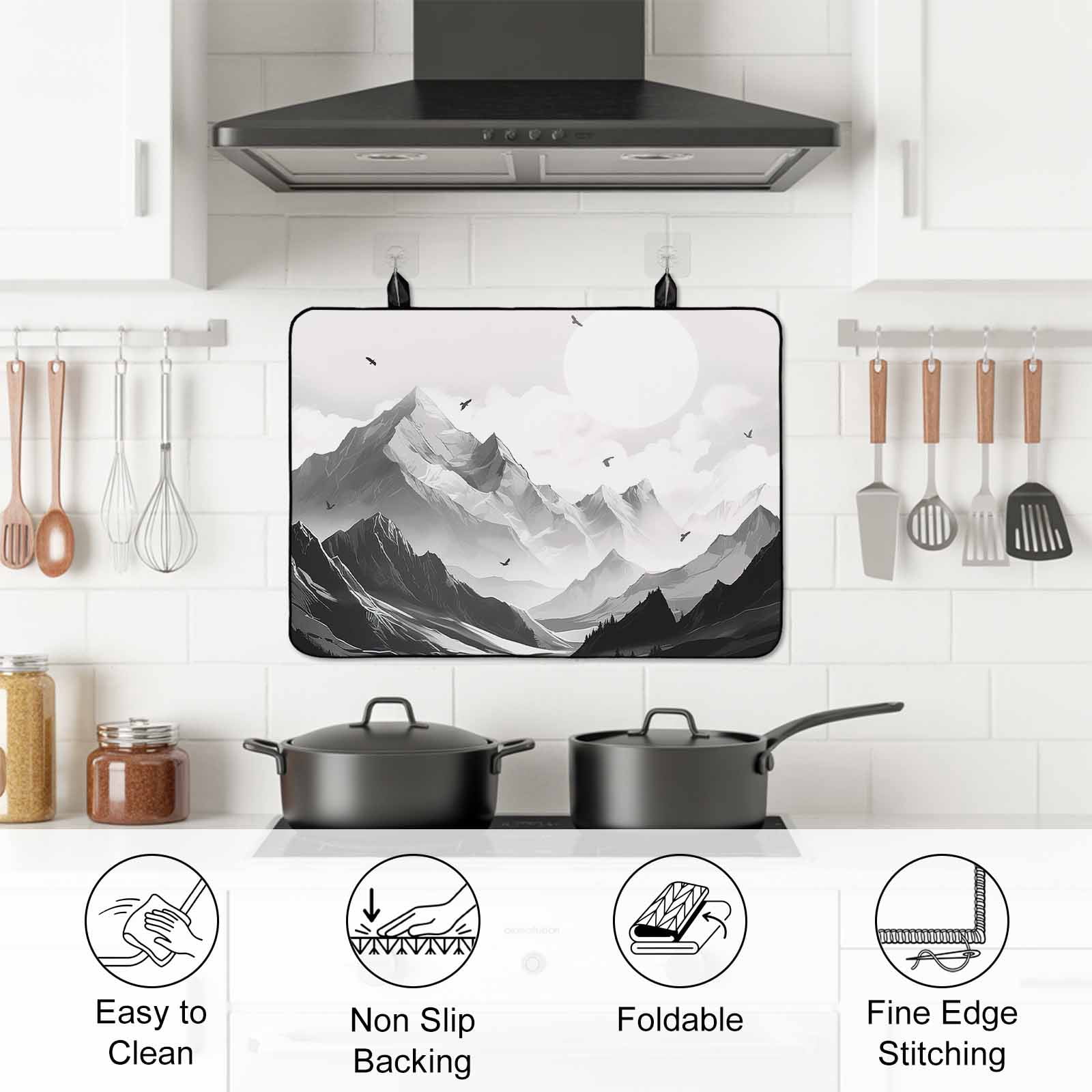 Mountain Stove Top Cover for Electric Stove, Heat-proof & Non Slip Glass Top Stove Cover Protector, Eagle Sky Cloud Black and White Landscape Kitchen Flat Cooktop Rubber Mat 24x21 Inches