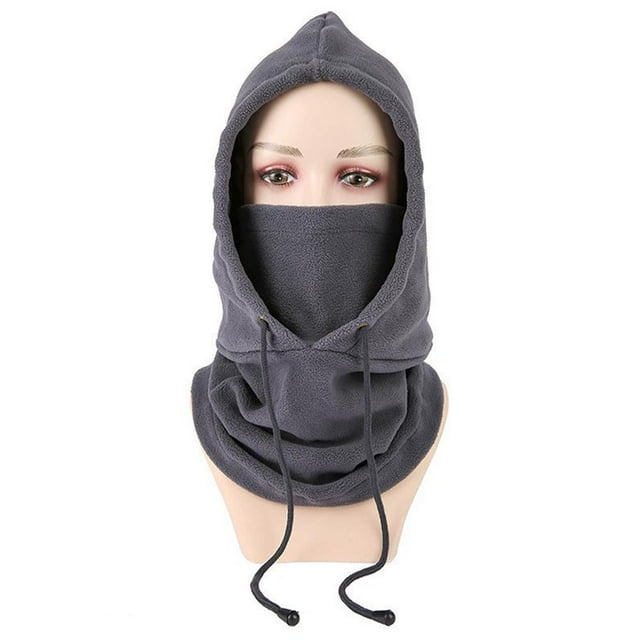 Unisex Winter Balaclava Knit Hood Face Mask - Windproof Thermal Polar Fleece Neck Gaiter for Motorcycle Riding, Skiing, Cold Weather Protection - One Size Adjustable Drawstring Headgear - Black/Grey