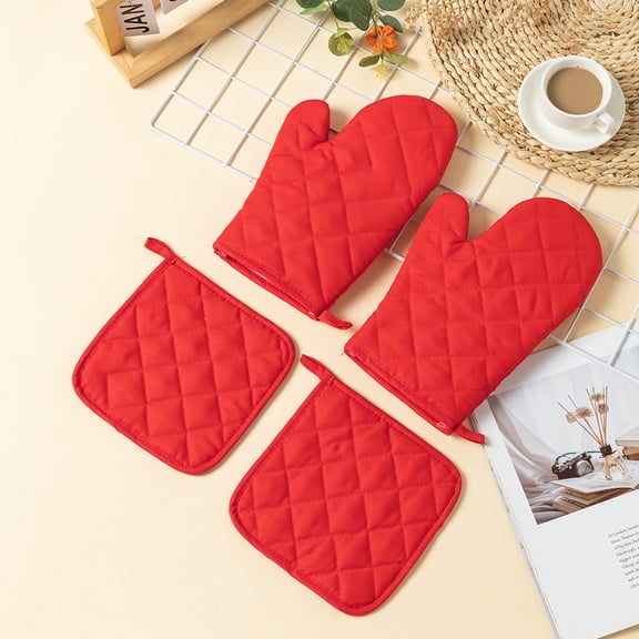 Odenmar-4-Piece Oven Mitt and Pot Holder Set, Heat Resistant Quilted Kitchen Gloves with Hanging Loop, Reusable Cooking and Baking Accessories