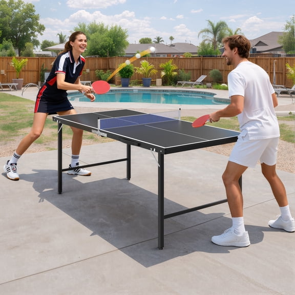 Outdoor Ping Pong Table, SEGMART 5FT Mid-Size Table Tennis Game Set, Indoor Outdoor Portable Table Tennis Game with Net, 2 Table Tennis Paddles and 3 Balls