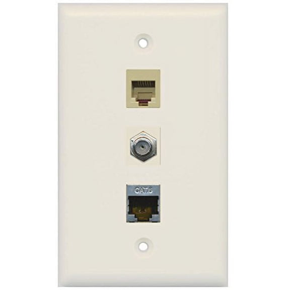 RiteAV - 1 Port Coax Cable TV- F-Type Phone RJ11 RJ12 and Shielded Cat6 Ethernet Wall Plate - Light Almond