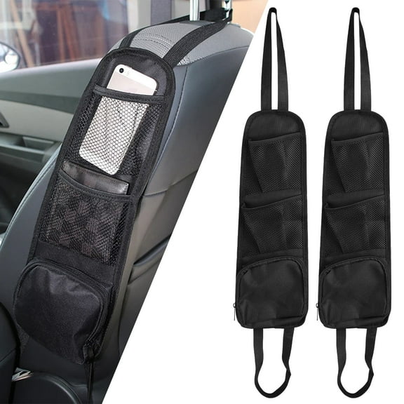 Car Seat Side Organizer, 2pcs Auto Storage Hanging Bag, Multi-Pocket Drink Holder, Seat Mesh Net Hanging Pouch, Front Passenger Car Seats for Cars, Trucks, Vans, SUVs