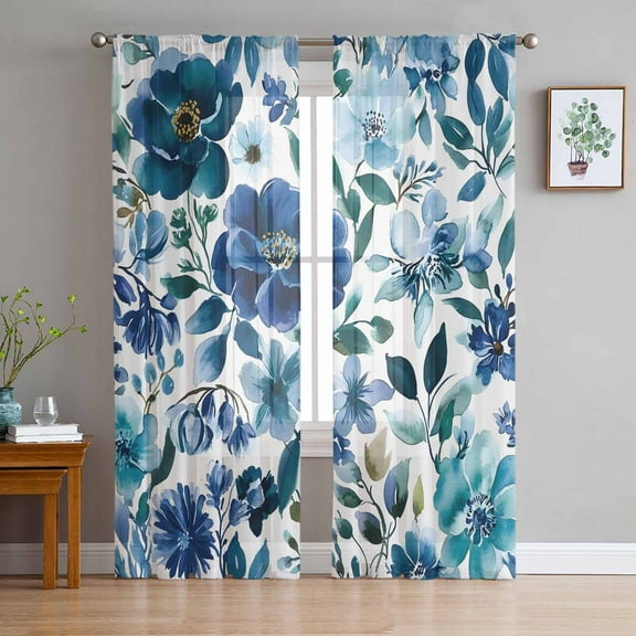 Abstract Floral Semi Sheer Curtains 84 Inch Length 2 Panels Set, Blue Flowers Retro Country Watercolor Sheer Kitchen Curtain Privacy Voile Window Curtain for Living Room Bedroom Rod Pocket Drapes