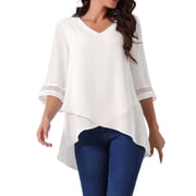 Unique Bargains Women's Chiffon V Neck 3/4 Bell Sleeve Asymmetrical Hem Blouse S White