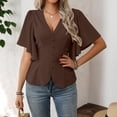 thumbnail image 5 of XPMWRP Womens Tops Dressy Casual V Neck Business Casual Blouses Ruffle Short Sleeve Work Shirts Spring Trendy Clothes Coffee L, 5 of 5