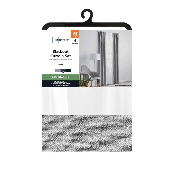 Mainstays Solid Twill Blackout Curtain Panel and Sheers, Set of 4, Soft Silver, 27.5" W x 84" L