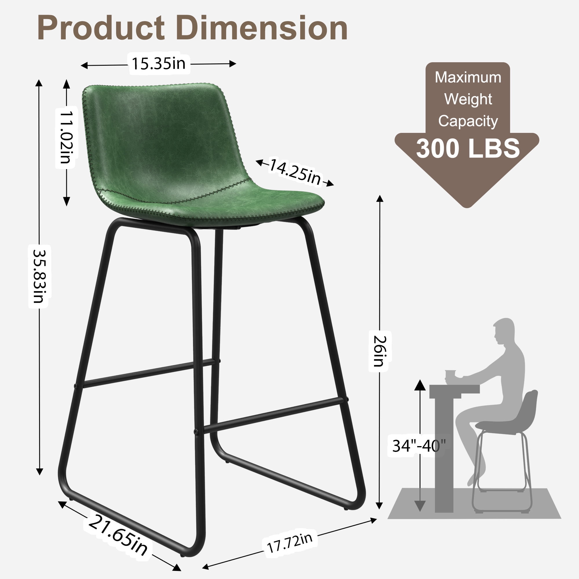 GIKPAL Bar Stools 26" Faux Leather Counter Height Barstools with Back Set of 2, Modern Counter Stools with Metal Legs and Footrest, Armless Chairs with Back for Kitchen Living Room Pub, Green