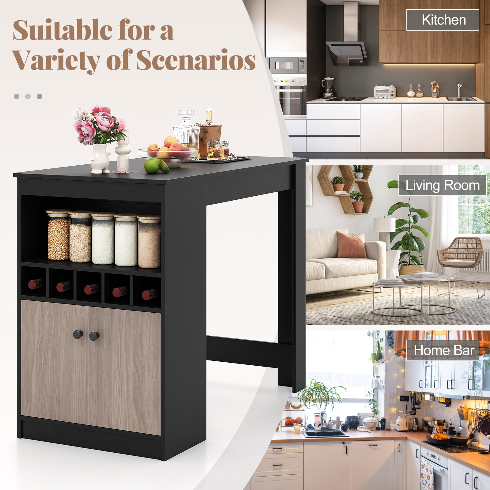 Gymax 48'' Bar Table w/ Storage Cabinet & Wine Rack Adjustable Shelf Wine Rack