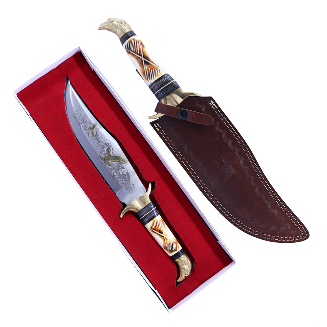 TheBoneEdge 16"" Bone Handle Eagle Head Hunting Bowie Knife & Brass Work Hand Crafted