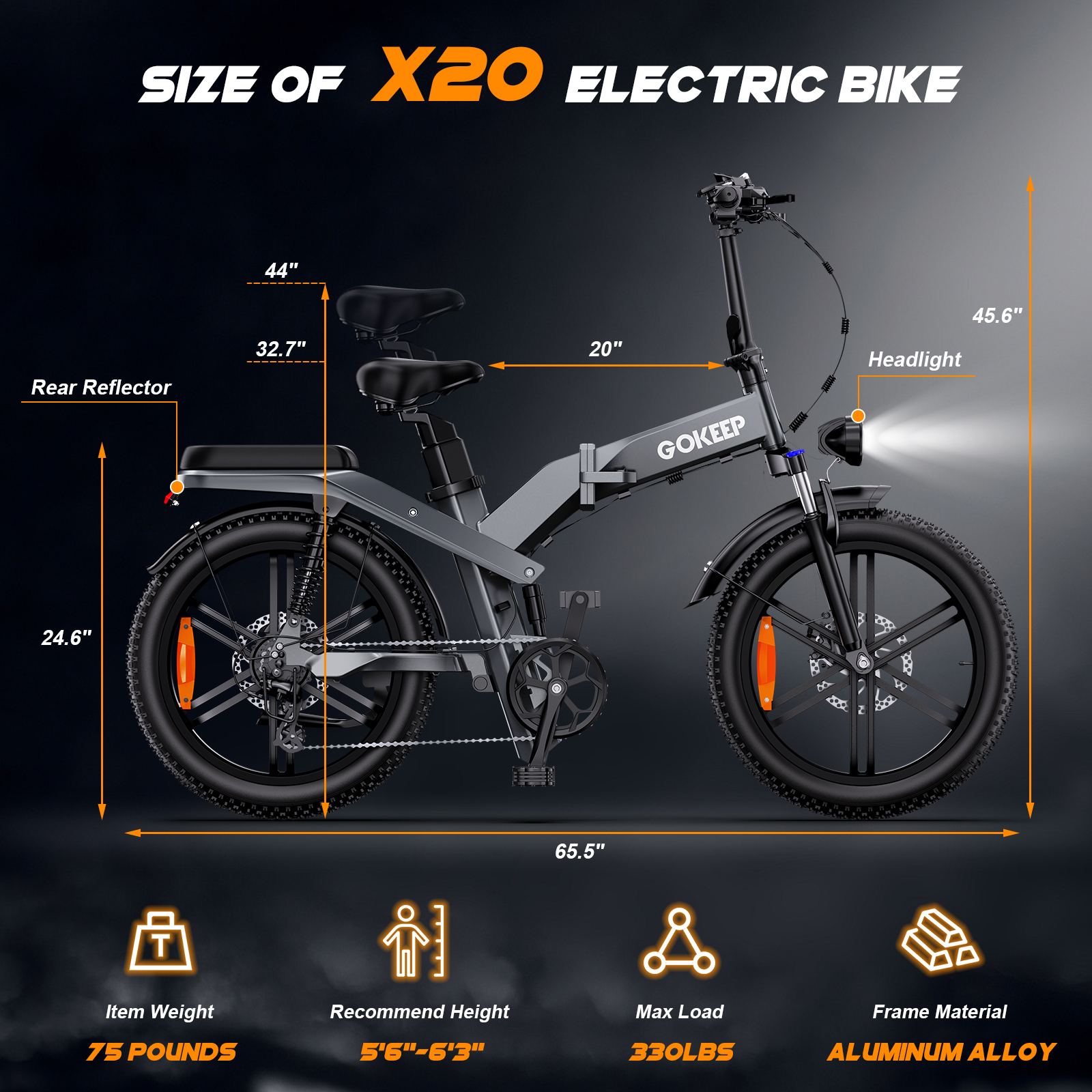 GOKEEP X20 Electric Bike for Adults, 1500W Peak Motor Electric Bicycle with 48V 21.3AH Removable Li Dual Battery, 20" x4.0 Fat Tire Folding Electric Dirt Bike, E-Mountain Bike, UL2849, Grey