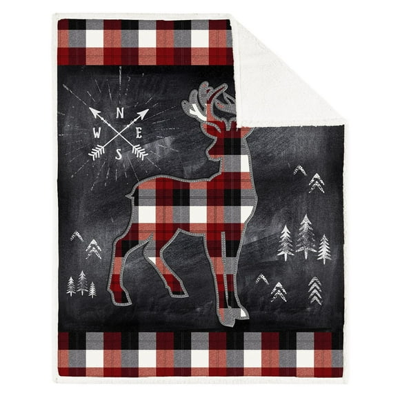 Safdie & Co. Premium Ultra Soft Throw Blanket with Sherpa Reverse Chalkboard Plaid Deer