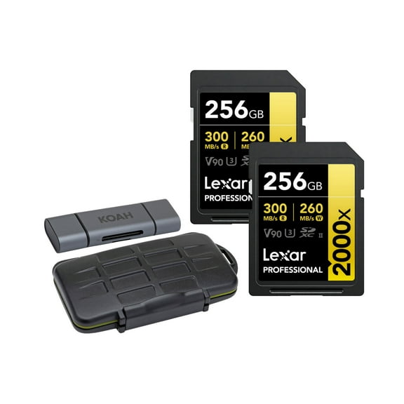 Lexar Professional 256GB 2000x UHS-II SDXC Memory Card (2-Pack) Bundle with Card Reader and Storage Case (3 Items)