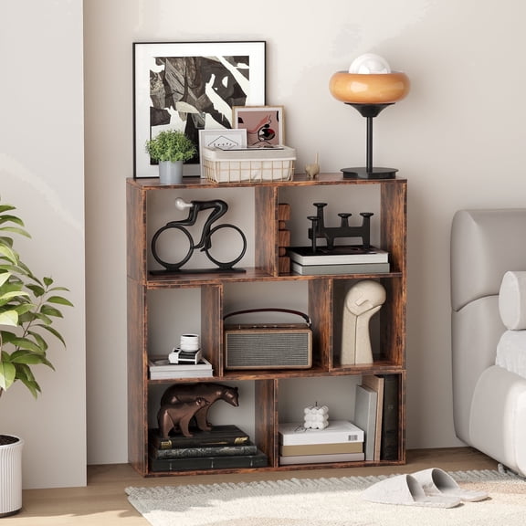 YQ JENMW 7-Cube Bookcase, Freestanding Open Bookshelf Storage Organizer and Display Shelf for Living Room, Bedroom,Office,Retro
