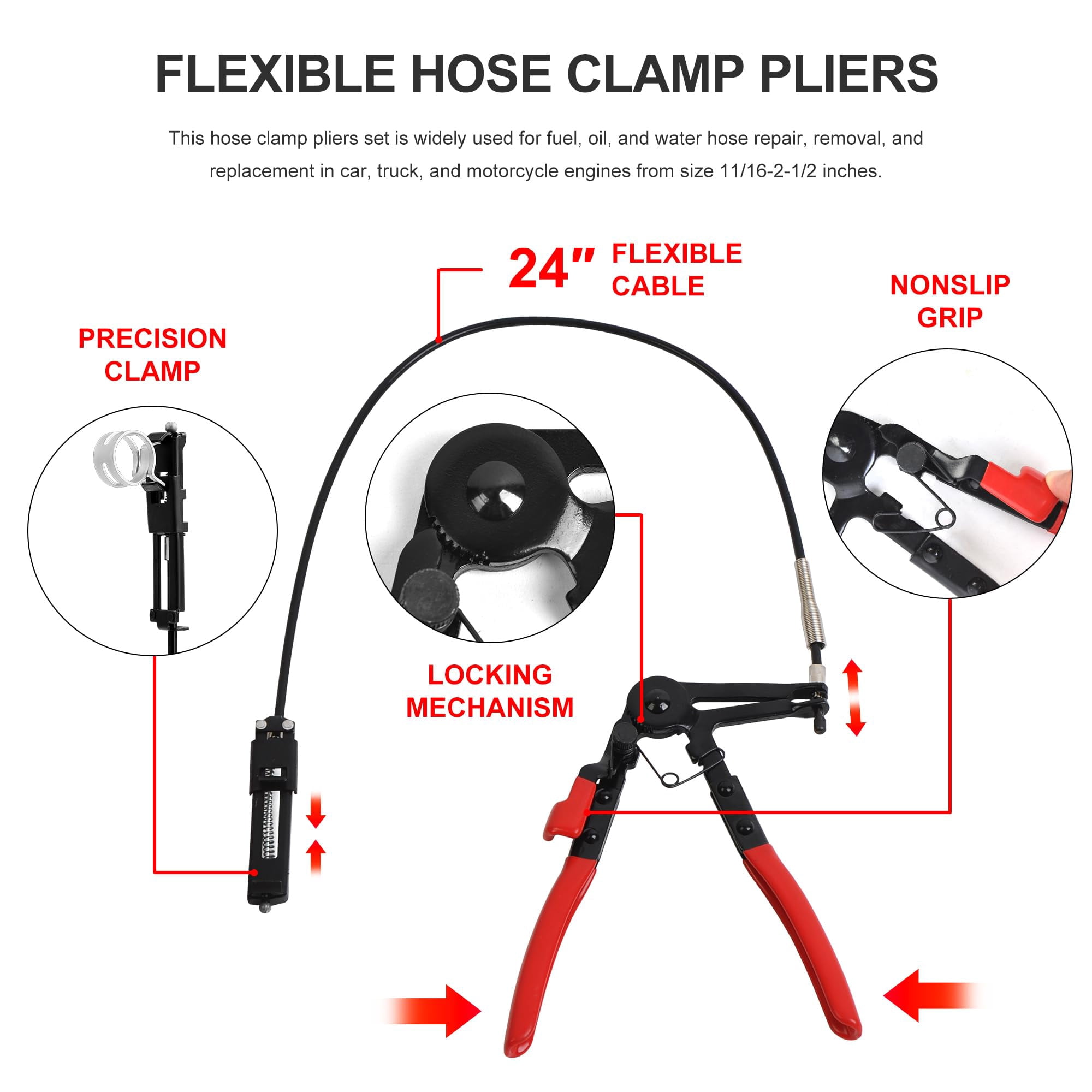 9PCS Hose Clamp Pliers for Fuel Oil and Water Hoses, Long Reach Hose Clamp Remover Kit with Flexible Wire Clic R Type Swivel Jaw Flat Band Pliers Set
