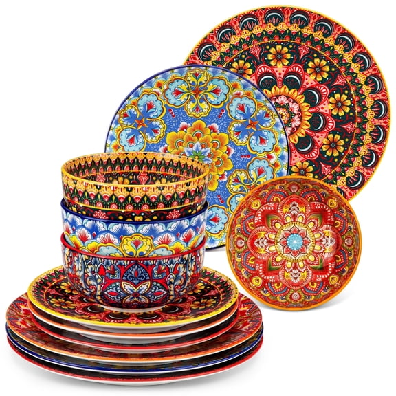 Vancasso Dinnerware Set, Porcelain Plates and Bowls Set for 4, 12 Pieces Ceramic Boho Tableware Set for Kitchen, Bohemian Style Dish Set, Dishwasher and Microwave Safe