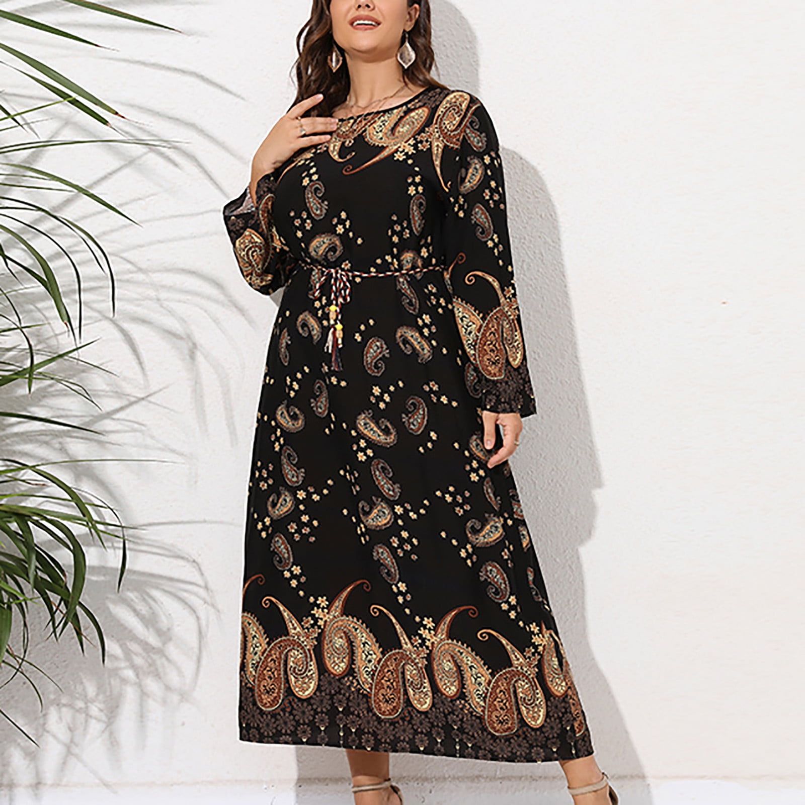 Robe Femme Robes Ethniques Grande Taille Robe Longue Imprimé Ethnique  JACINTA Noir