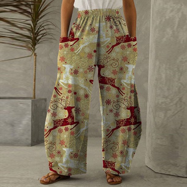 Puntoco Pantalones sueltos casuales vintage con estampado navideño para mujer Pantalones de pierna ancha casuales Pantalones Puntoco Puntoco-3955