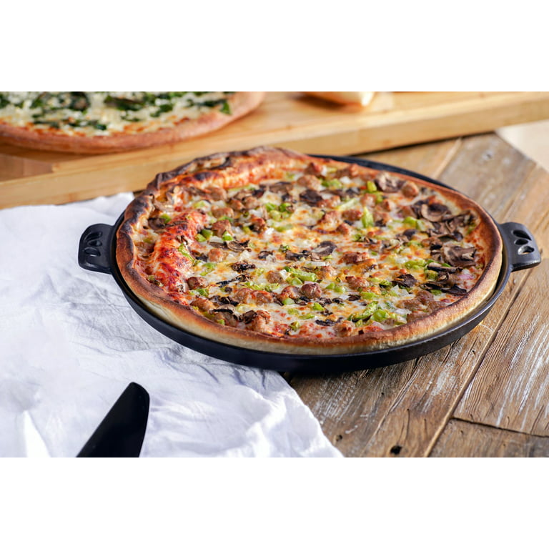 NutriChef 14 Cast Iron Baking Pan Steel Pizza W/Easy Grip Gas, Electric,  Glass, Induction Cooker, Oven, & Grill/Campfire-2 Silicone Handles,  avarage
