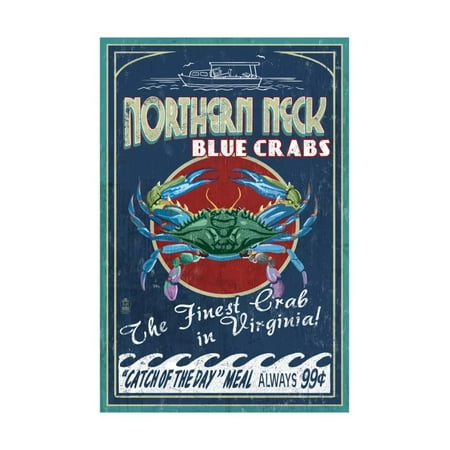Northern Neck, Virginia - Blue Crab Vintage Sign Print Wall Art By Lantern