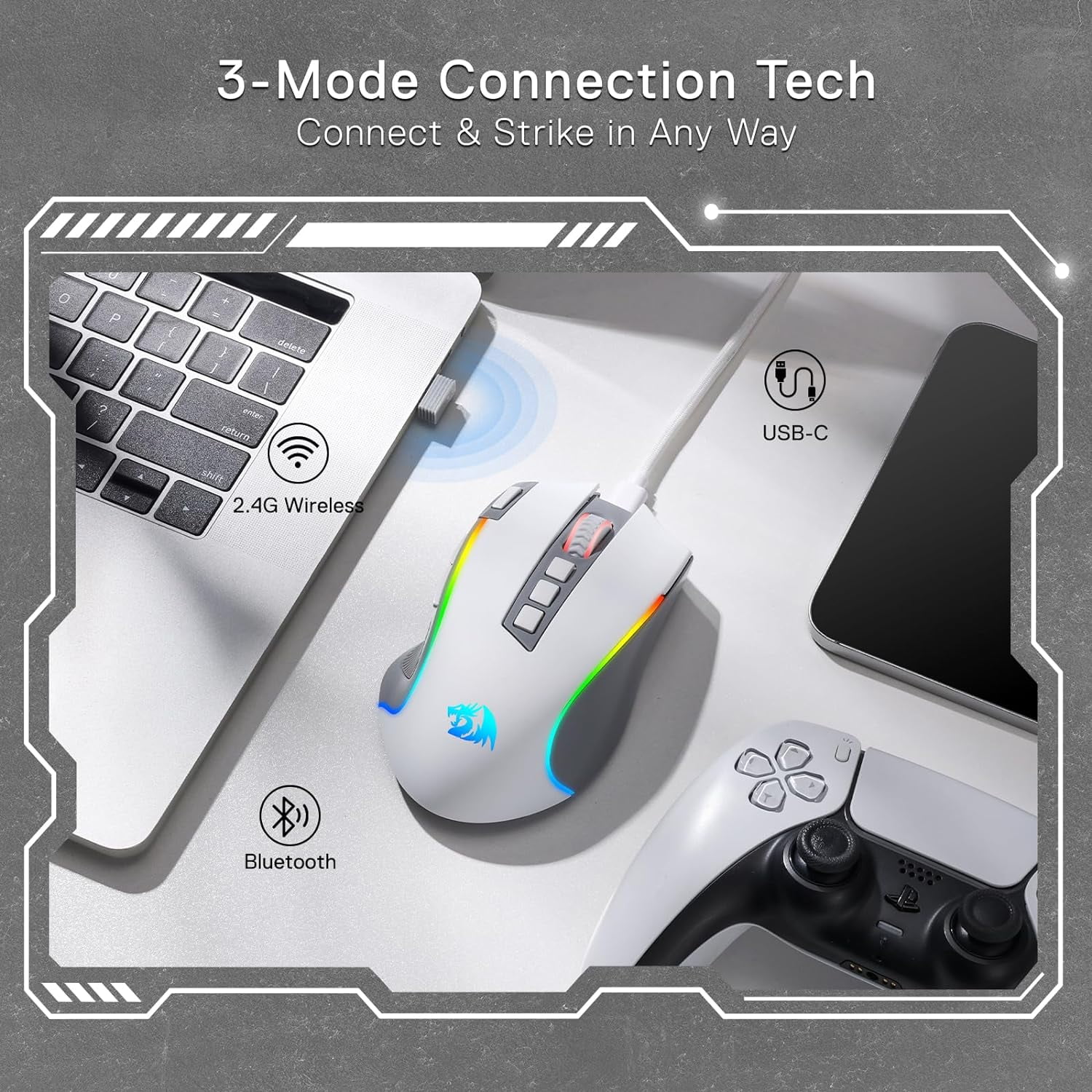 Redragon M612 PRO RGB Gaming Mouse, 8000 DPI BT Wired/Wireless Optical Gamer Mouse 9 Programmable Buttons & 7 Backlit Modes,Software Supports DIY Keybinds Rapid Fire Button,Gray