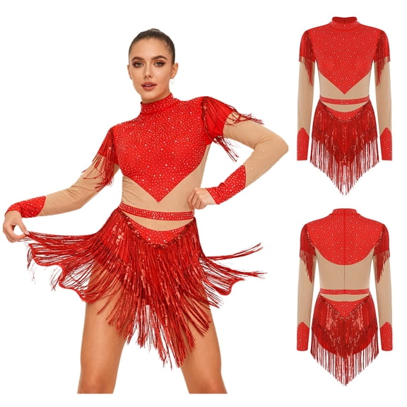 Aislor Womens Figure Skating Rhinestone Bodysuit Back Zip Contrast Color Leotard Jumpsuit Tassel Dress Red S