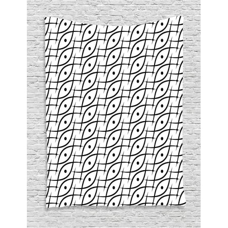 - Geometric Decor Tapestry, Trippy Linked Leaf Shaped Figures with Dots Spots Minimalist Grid Design, Wall Hanging for Bedroom Living Room Dorm Decor, 40W X 60L Inches, Black White, by Ambesonne