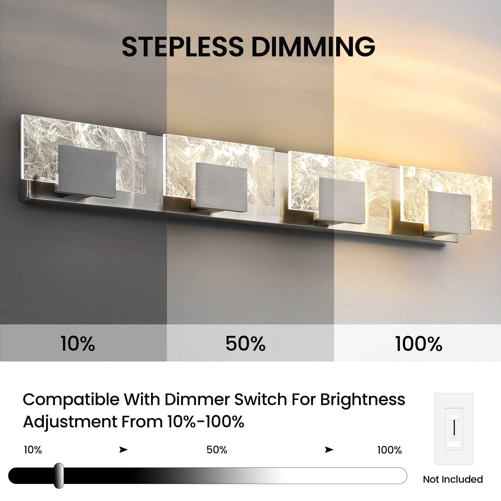 KAISITE 4-Light LED Modern Bathroom Lights over Mirror, Brushed Nickel Acrylic, Smoke Design, 3000K Wall Lights Fixture for Bedroom Living Room