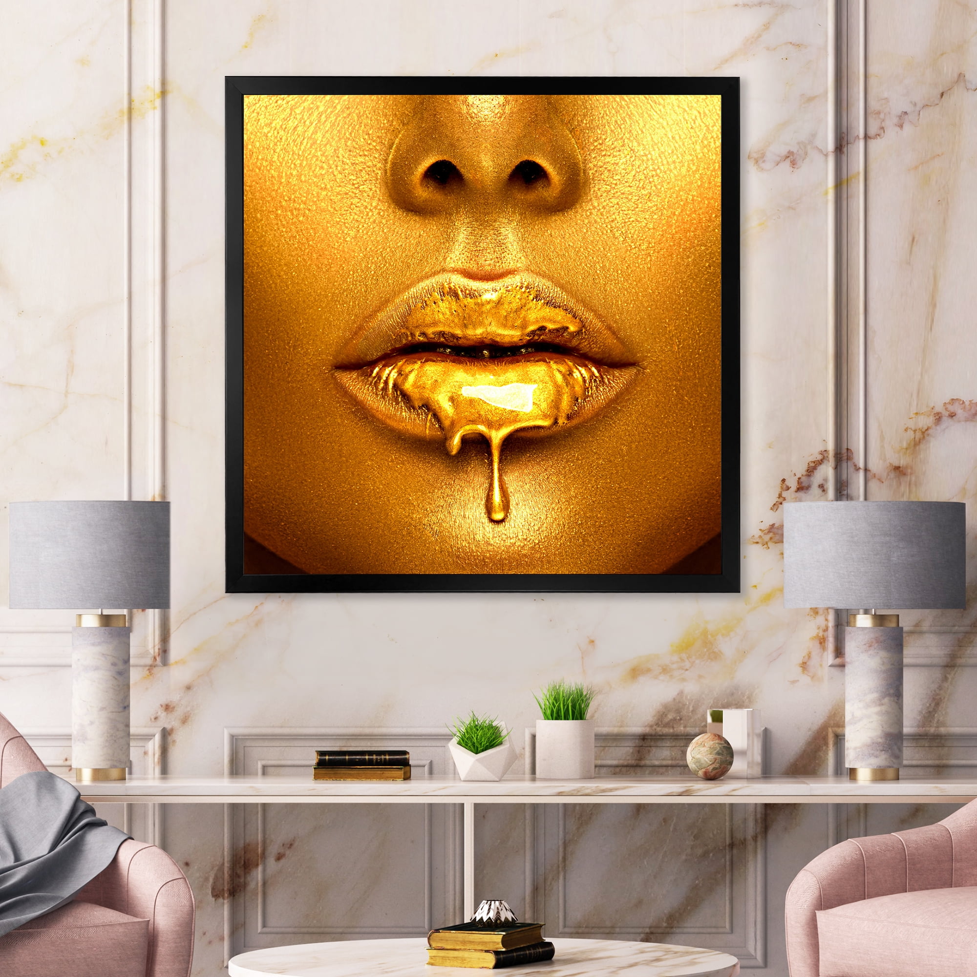 Designart 'Gold Paint Drips From Sexy Girl Lips' Modern Framed Art Print