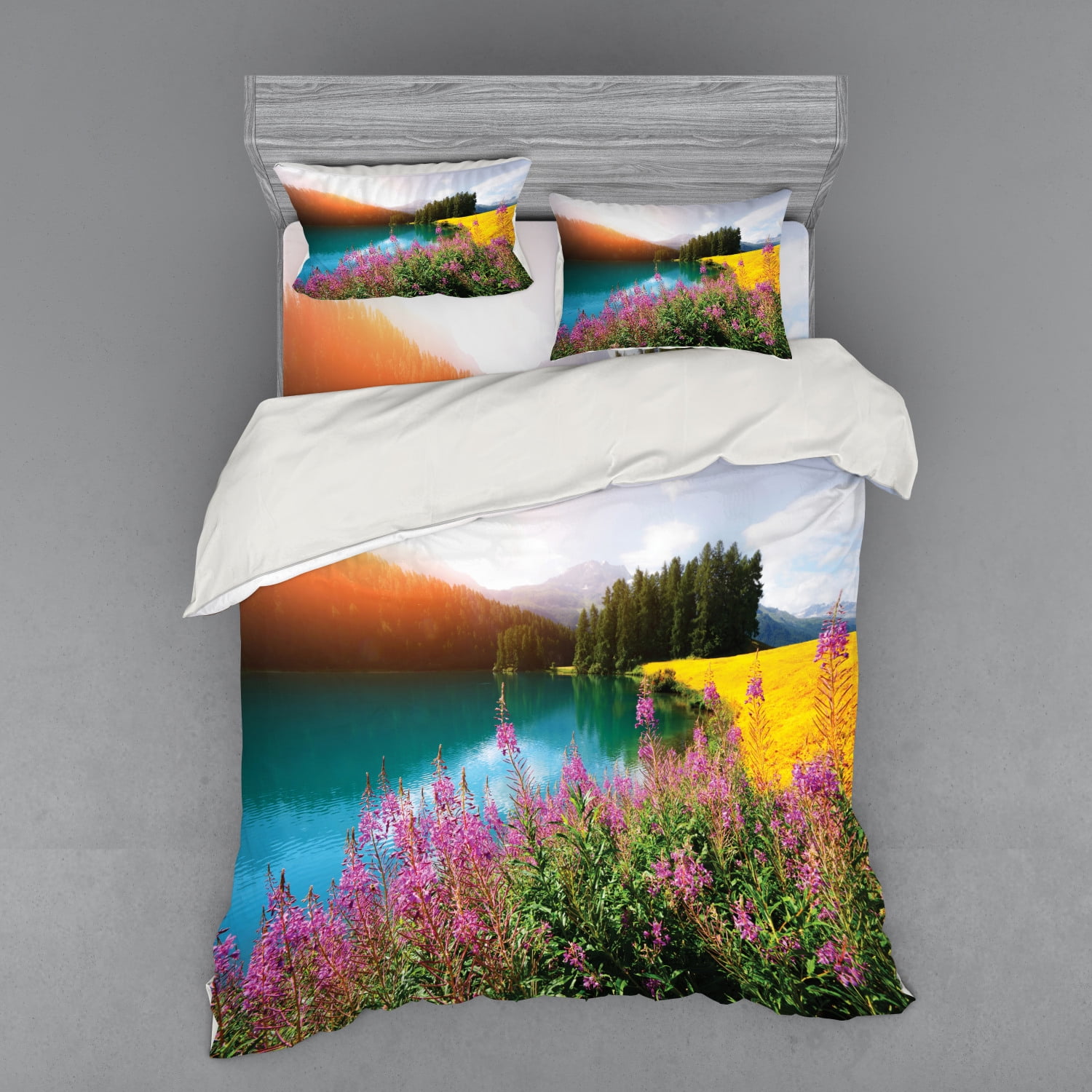 Landscape Duvet Cover Set, Champferersee Lake in the Swiss Alps Switzerland European Outdoors