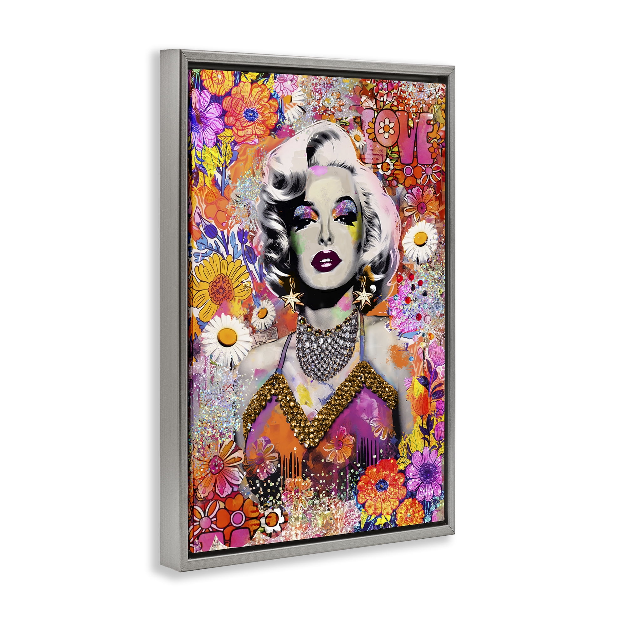 Stupell Industries Hippie Bedecked Marilyn People Painting Gray Floater Framed Canvas Art Print Wall Art, 17 x 25
