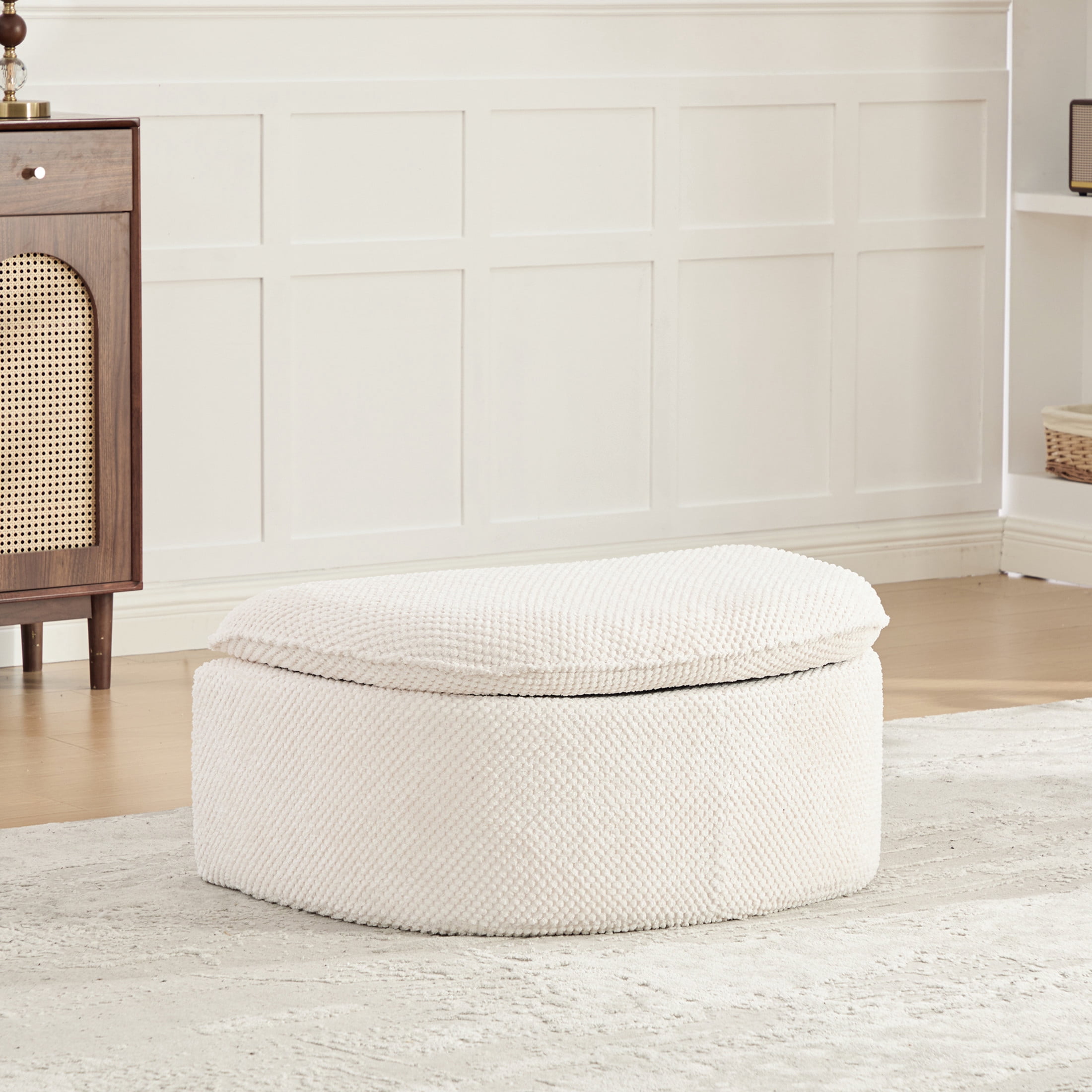 GDF Studio 34.45-Inch Moon-Shaped Footstool Ottoman with Pineapple Lattice Fabric, Beige