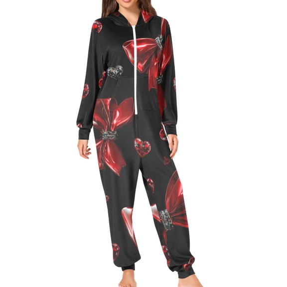 Red Bows with Crystal Hearts Valentine Adult's Hoodie Onesie Jumpsuit One-Piece Pajamas with Zipper Unisex for Holiday S