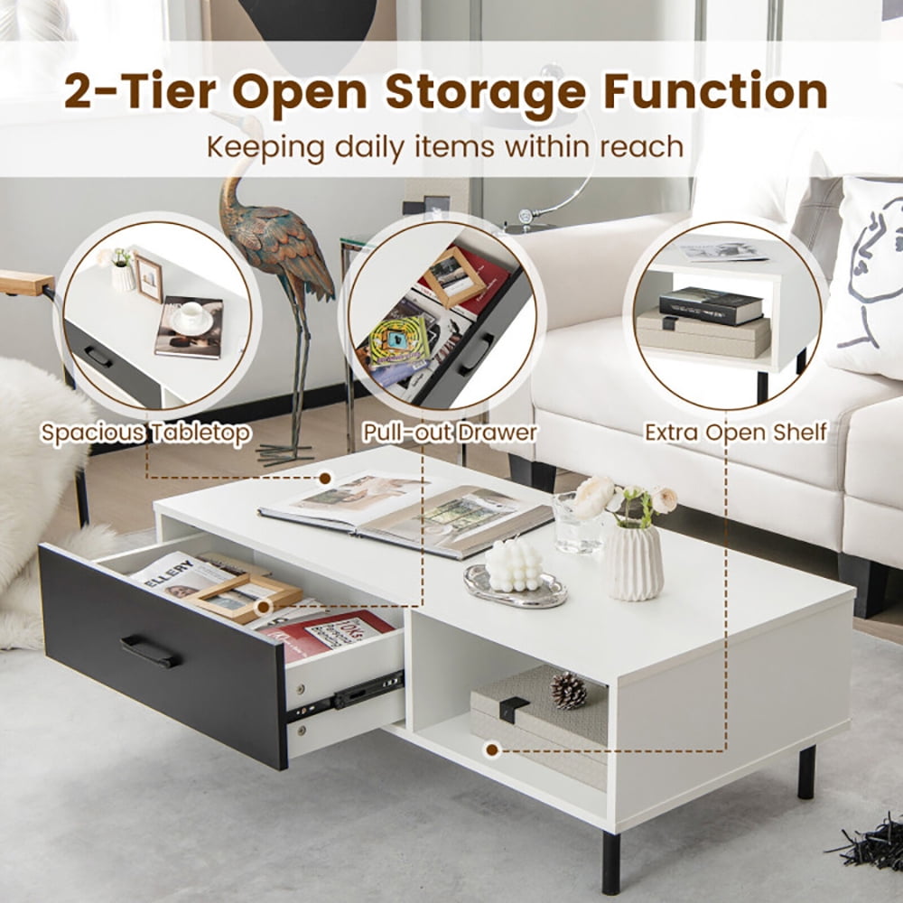 Finihen Coffee Table, Cocktail Table, Modern 2-Tier Coffee Table Accent Cocktail Table with Storage, for Living Room, Reception Room, Office, White Finihen Coffee Table, Cocktail Table, Modern 2-Tier Coffee Table Accent Cocktail Table with Storage, for Living Room, Reception Room, Office, White