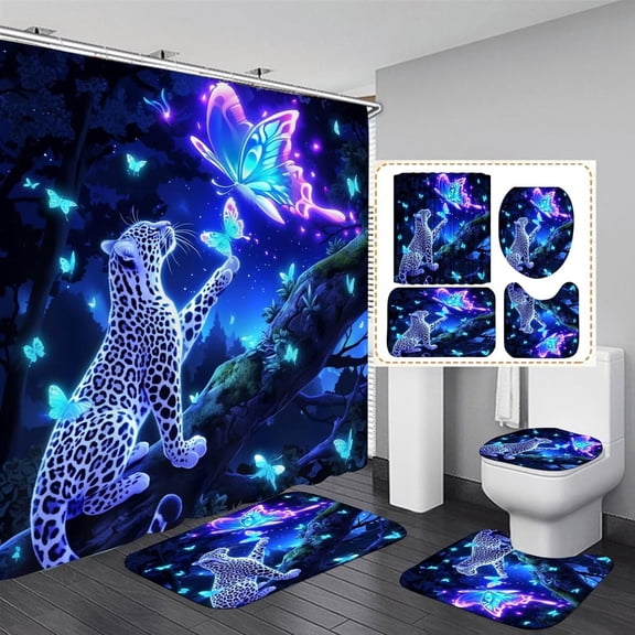 4PCS Lion Insipirational Shower Curtain Set with Rugs, Toilet Lid Cover and Bath Mat, Animal Shower Curtain with 12 Hooks, Complete Bathroom Accessories Decor Set
