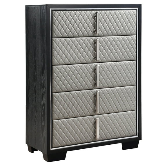 ACME Nicola 5 Drawers Wooden and Faux Leather Chest in Silver and Black