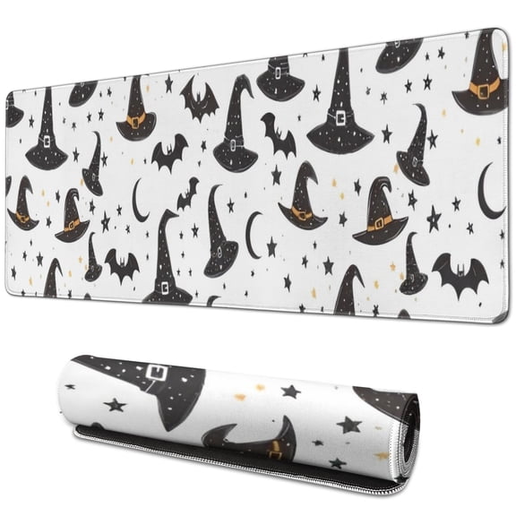 Long Mouse Pads for Desk,Halloween Witch Hats and Bats Desk Mats on Top Of Desks, Desk Mouse Pad Extra Large with 3mm Non-Slip Base and Stitched Edge for Gaming,Office,Work,Home 31.5x11.8in
