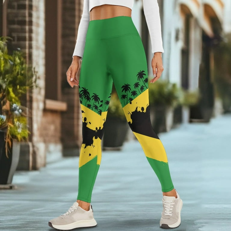 Renewold Jamaica Flag Palm Tree Yoga Pants with Pockets for Women