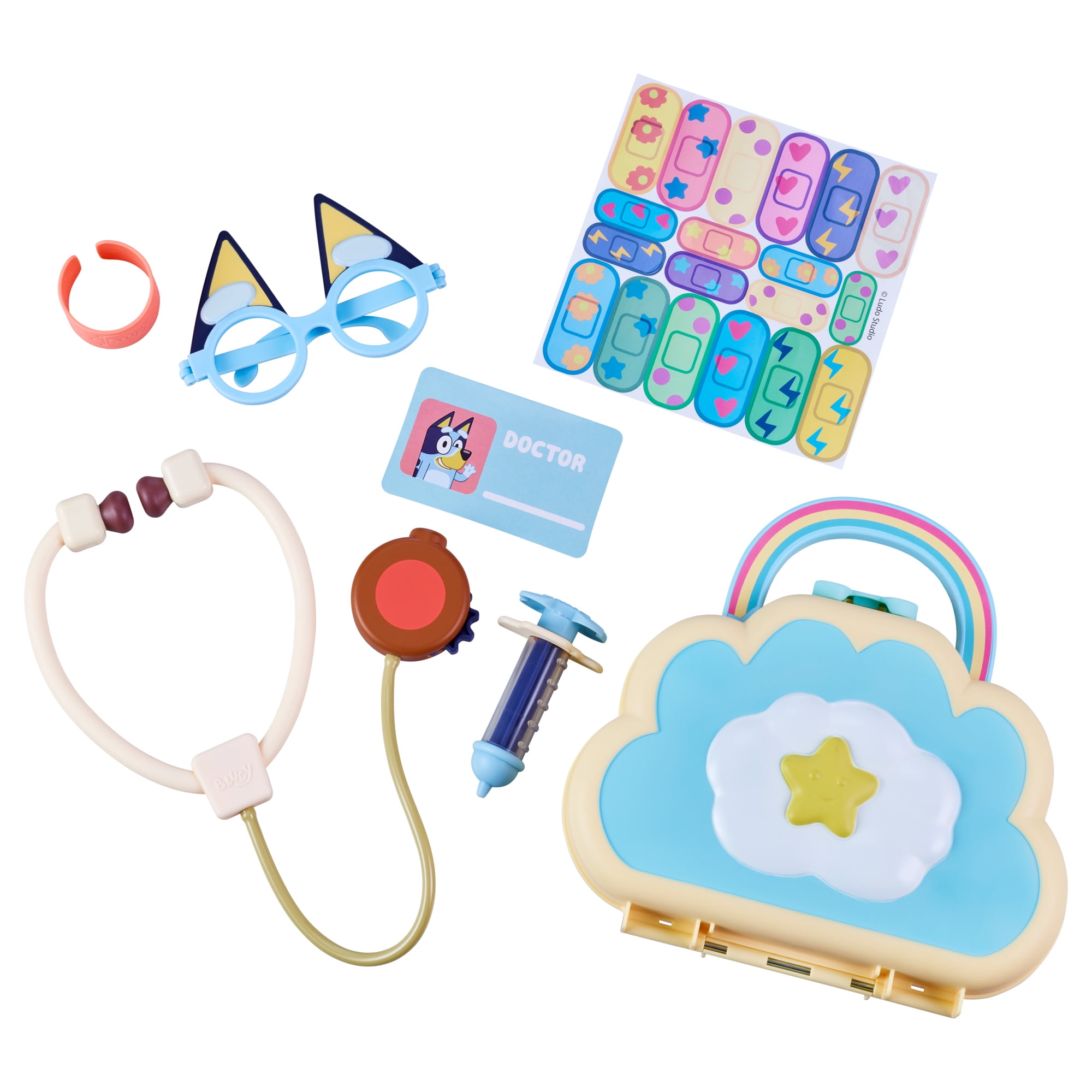 Bluey Cloud Bag Doctor's Set, Doctor Check Up Set, Toy Doctor's Playset with 7 Play Pieces, Stethoscope, Syringe, toy Bandage, Stickers, and more , Preschool, Toys for Kids, Ages 3+