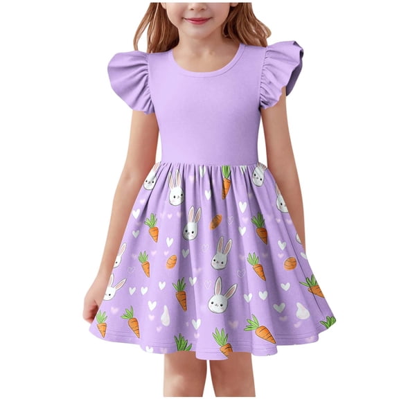 Girls' Easter Bunny & Carrot Dress Purple Flutter Sleeve A-Line Spring Church Outfits Kids Little Girl,Size 3-4 T