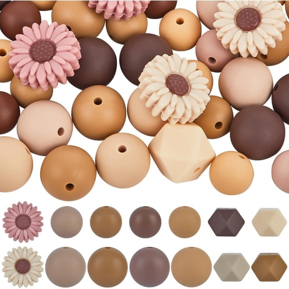 100Pcs 14 Styles Daisy Silicone Bead Mixed Silicone Focal Beads Bulk Opaque Colorful Round Flower Matte Loose Spacer Bead for Keychain Pen Jewelry Bracelet Necklace DIY Decoration Camel DIY