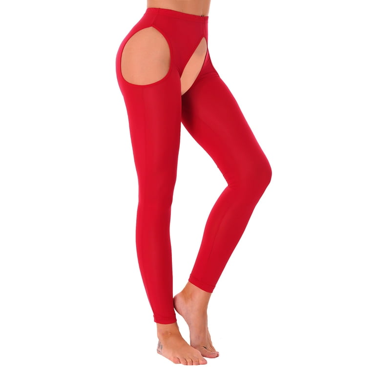 iEFiEL Womens Glossy Crotchless Leggings Stretchy Skinny Pants Red One Size  